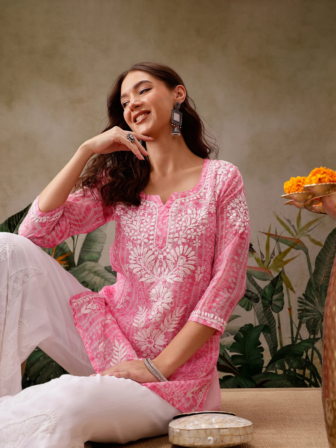 Ada Hand Embroidered Bandhani Printed Pink Kota Lucknowi Chikankari Short Kurti With Slip A911442