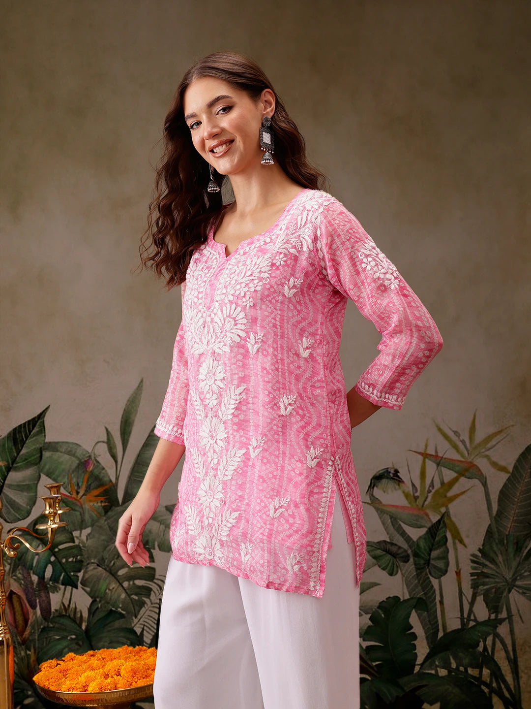 Ada Hand Embroidered Bandhani Printed Pink Kota Lucknowi Chikankari Short Kurti With Slip A911442