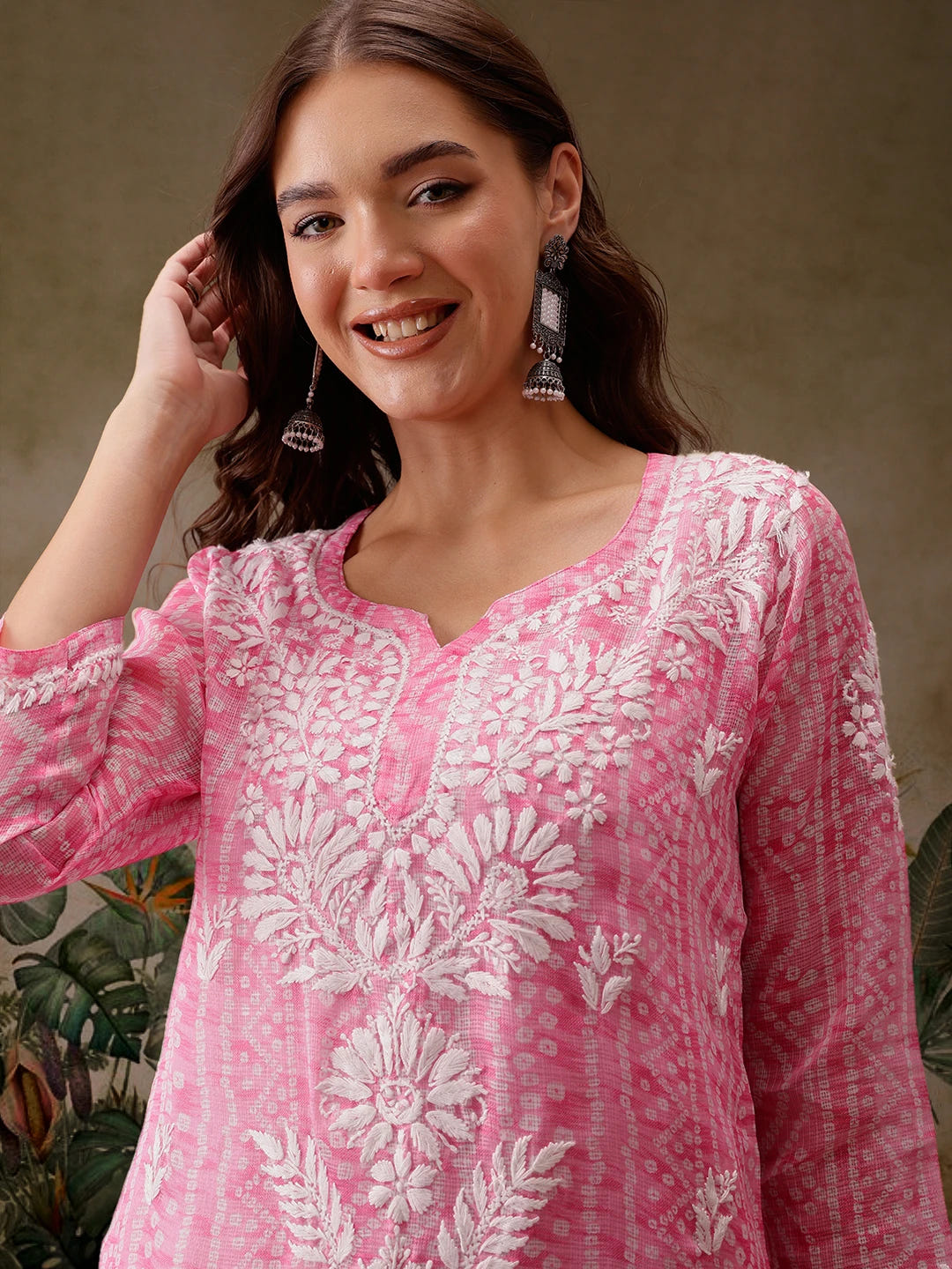 Ada Hand Embroidered Bandhani Printed Pink Kota Lucknowi Chikankari Short Kurti With Slip A911442