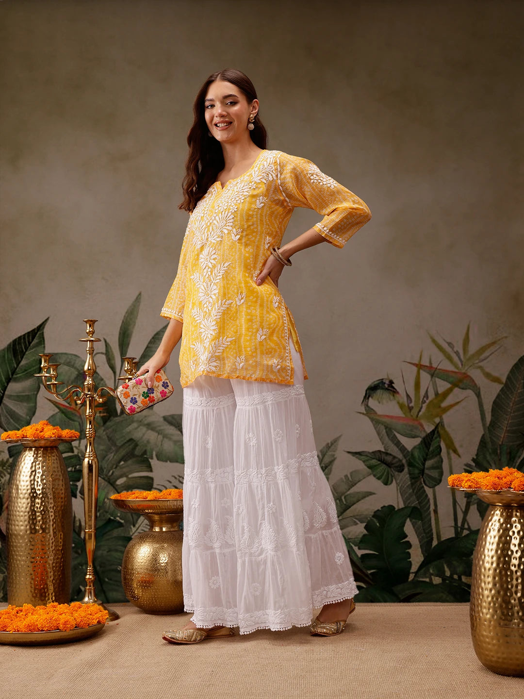 Ada Hand Embroidered Bandhani Printed Yellow Kota Lucknowi Chikankari Short Kurti With Slip A911439