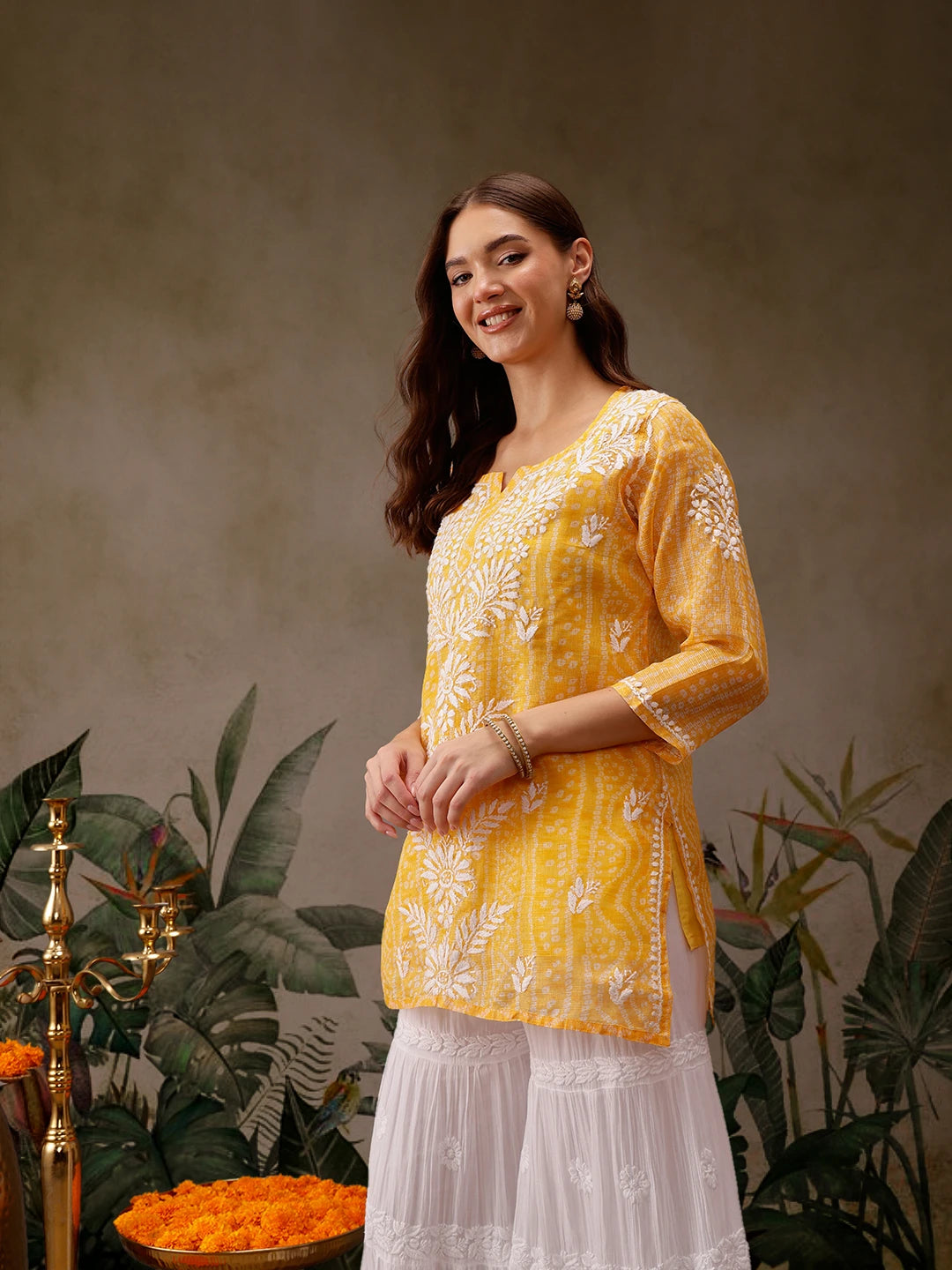 Ada Hand Embroidered Bandhani Printed Yellow Kota Lucknowi Chikankari Short Kurti With Slip A911439