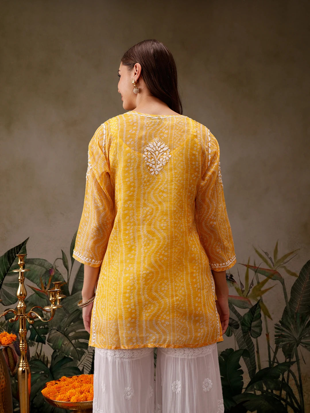 Ada Hand Embroidered Bandhani Printed Yellow Kota Lucknowi Chikankari Short Kurti With Slip A911439