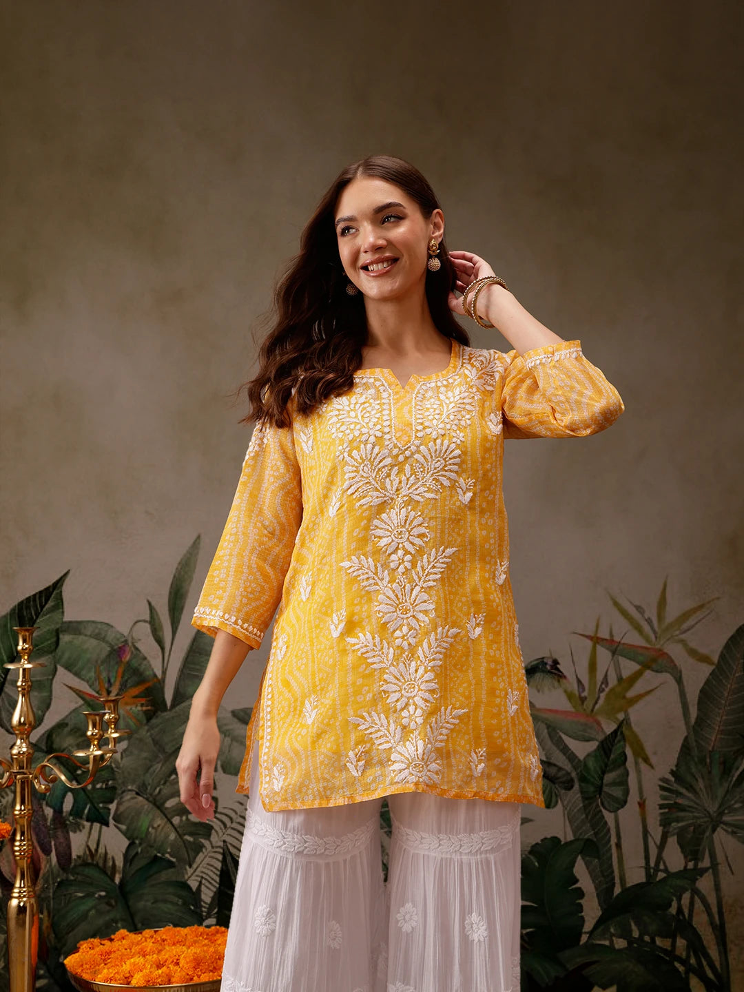 Ada Hand Embroidered Bandhani Printed Yellow Kota Lucknowi Chikankari Short Kurti With Slip A911439