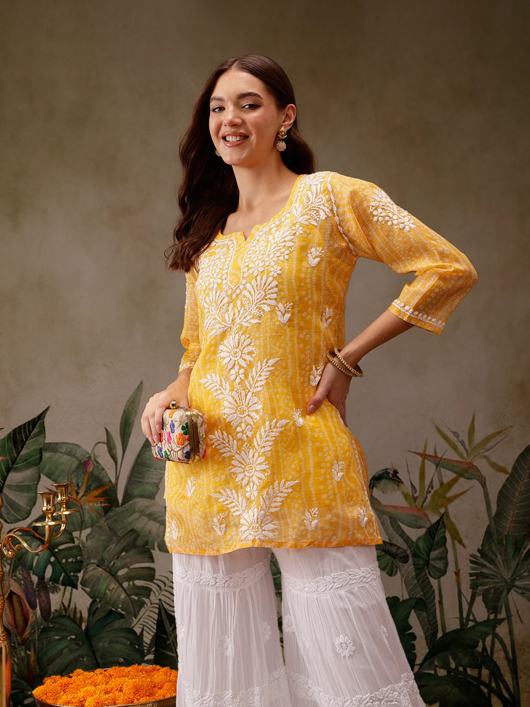 Ada Hand Embroidered Bandhani Printed Yellow Kota Lucknowi Chikankari Short Kurti With Slip A911439