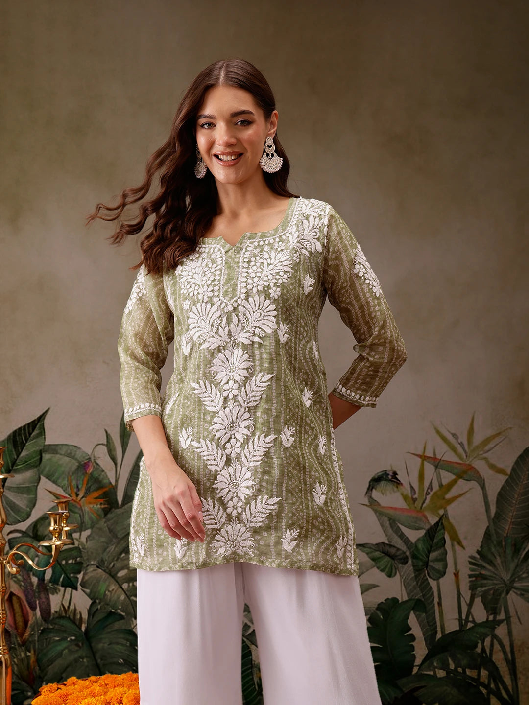Ada Hand Embroidered Bandhani Printed Olive Green Kota Lucknowi Chikankari Short Kurti With Slip A911438