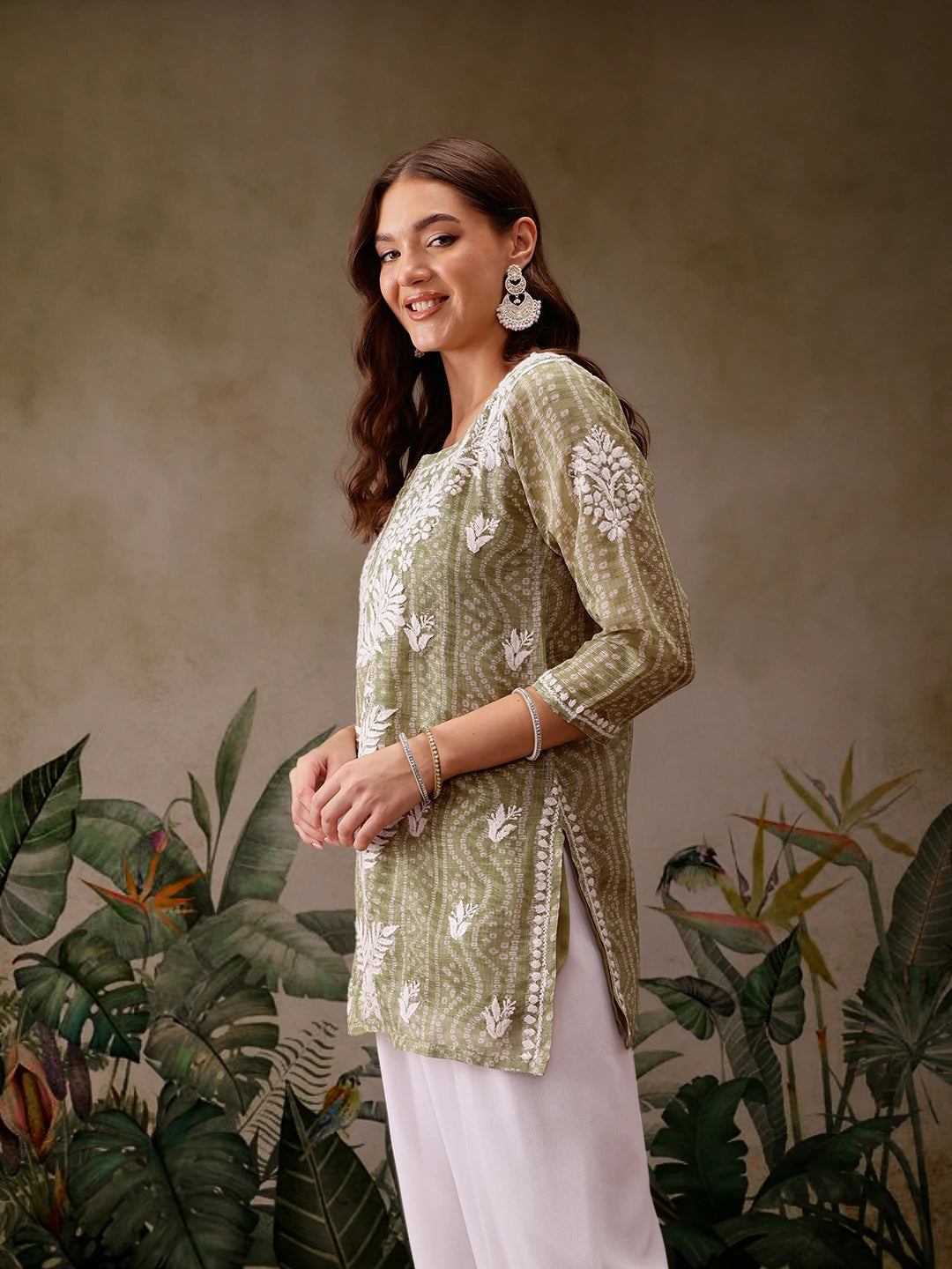 Ada Hand Embroidered Bandhani Printed Olive Green Kota Lucknowi Chikankari Short Kurti With Slip A911438