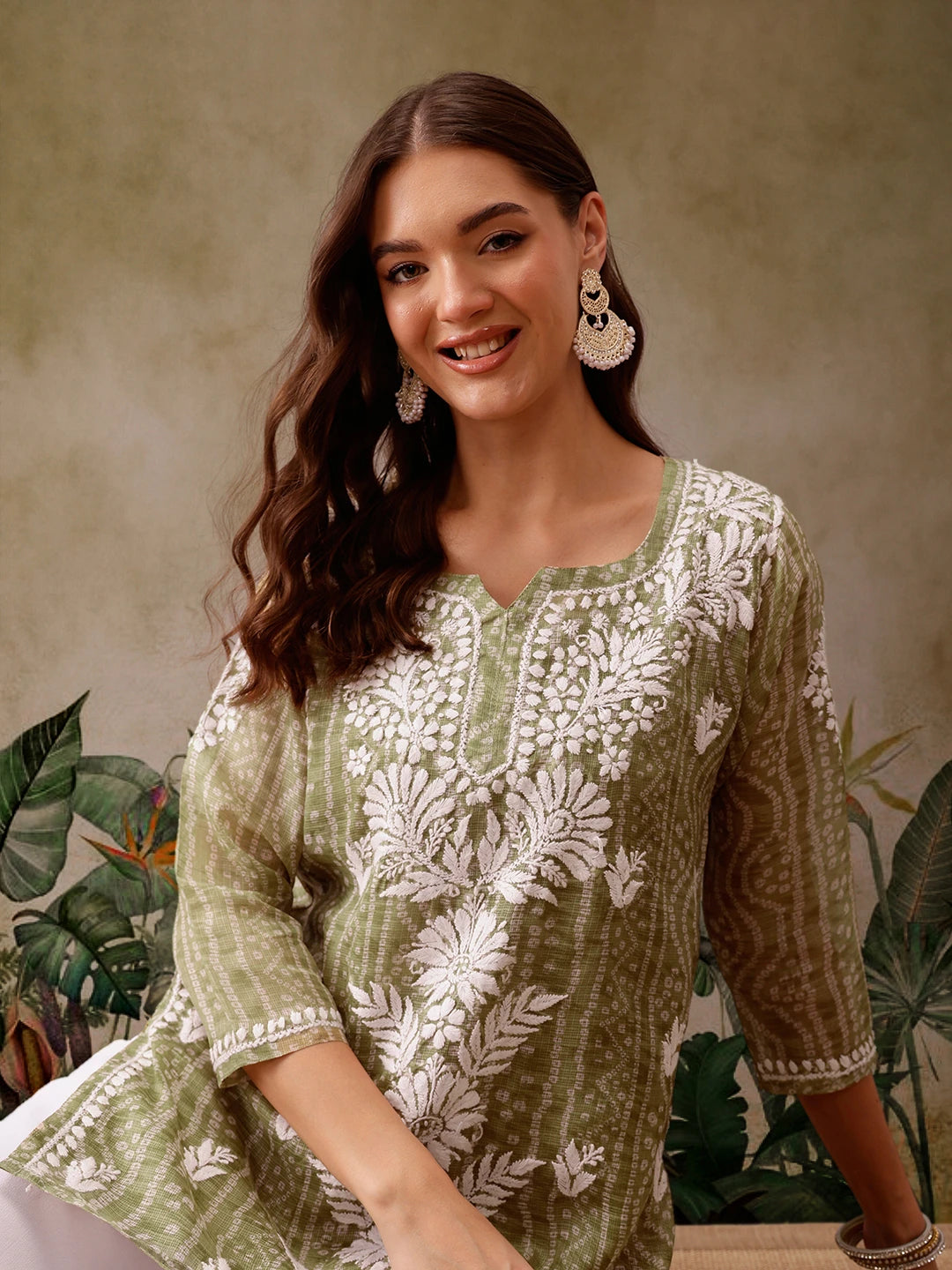 Ada Hand Embroidered Bandhani Printed Olive Green Kota Lucknowi Chikankari Short Kurti With Slip A911438