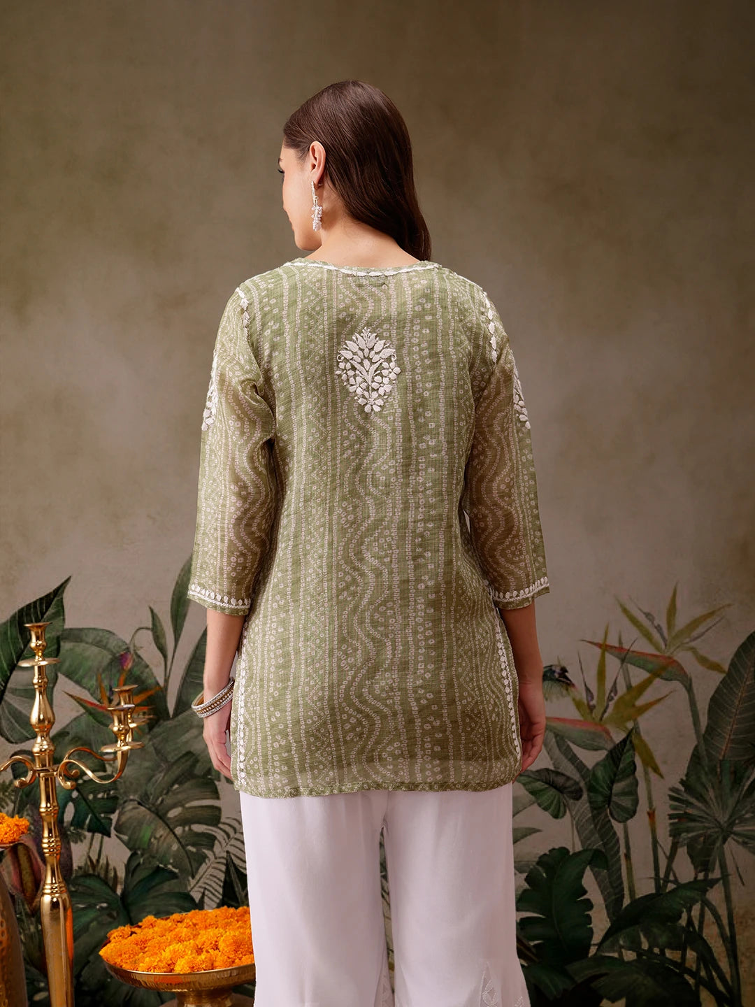 Ada Hand Embroidered Bandhani Printed Olive Green Kota Lucknowi Chikankari Short Kurti With Slip A911438