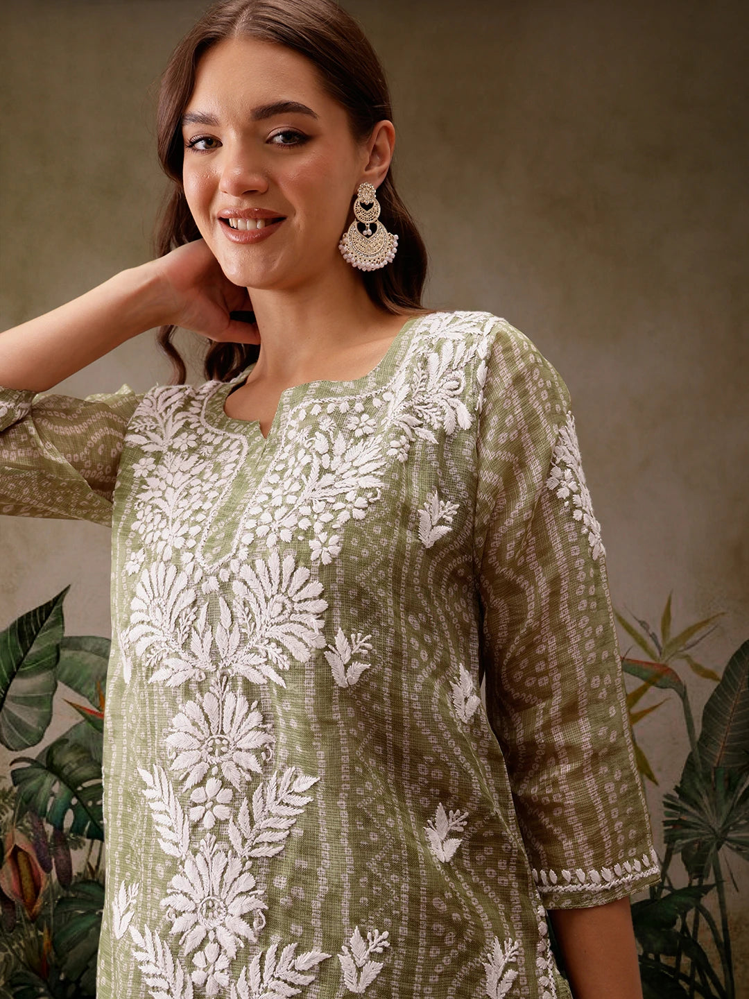 Ada Hand Embroidered Bandhani Printed Olive Green Kota Lucknowi Chikankari Short Kurti With Slip A911438