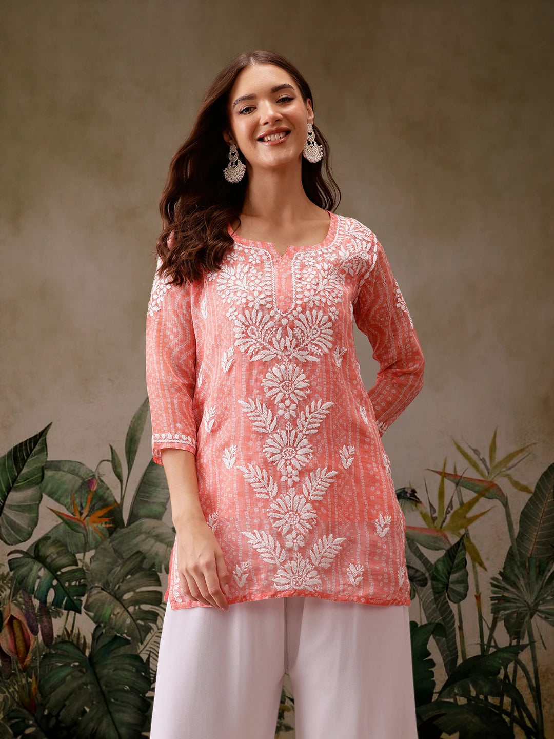 Ada Hand Embroidered Bandhani Printed Peach Kota Lucknowi Chikankari Short Kurti With Slip A911440