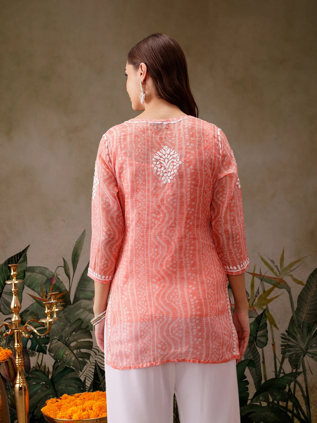 Ada Hand Embroidered Bandhani Printed Peach Kota Lucknowi Chikankari Short Kurti With Slip A911440