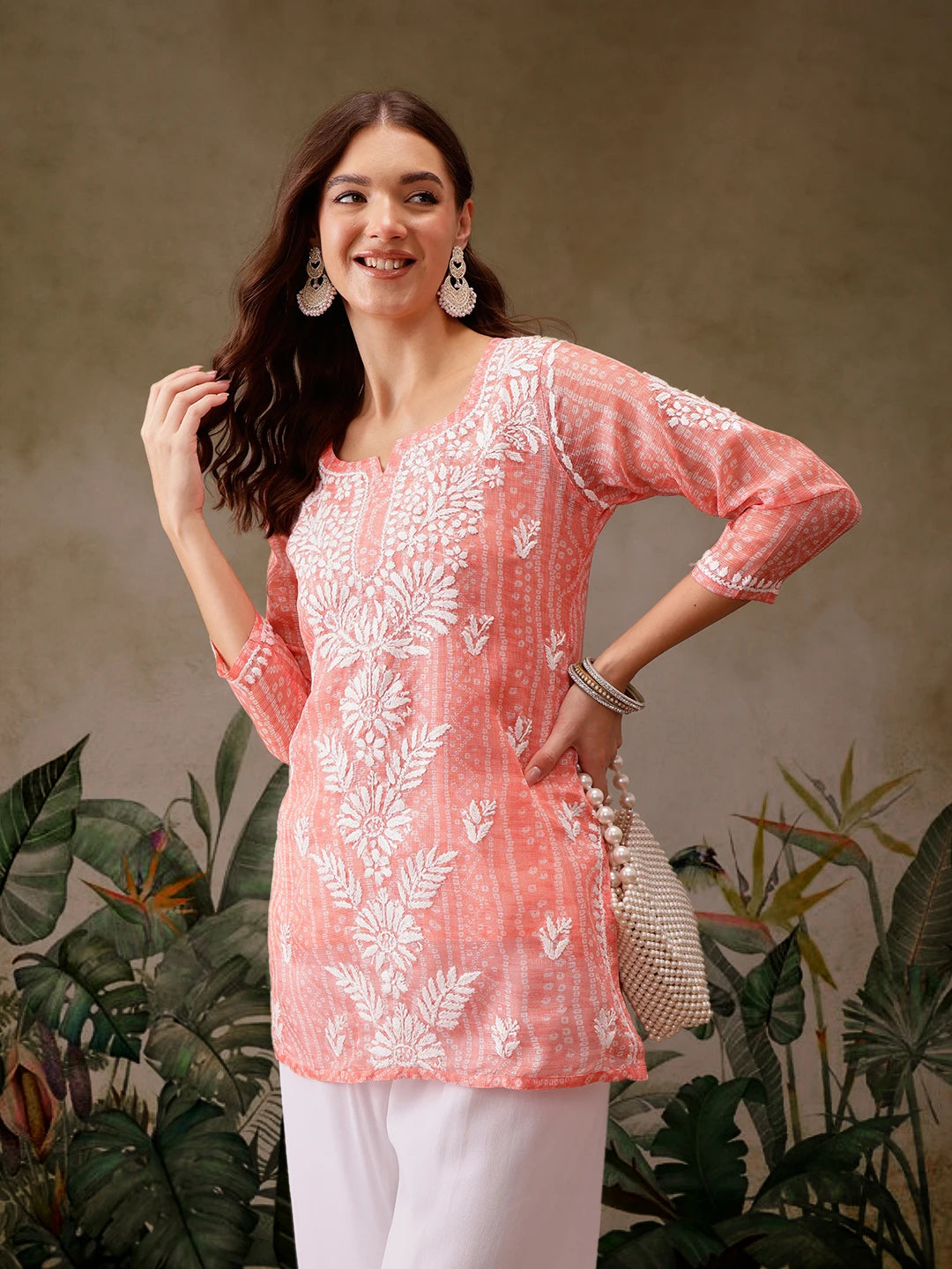 Ada Hand Embroidered Bandhani Printed Peach Kota Lucknowi Chikankari Short Kurti With Slip A911440