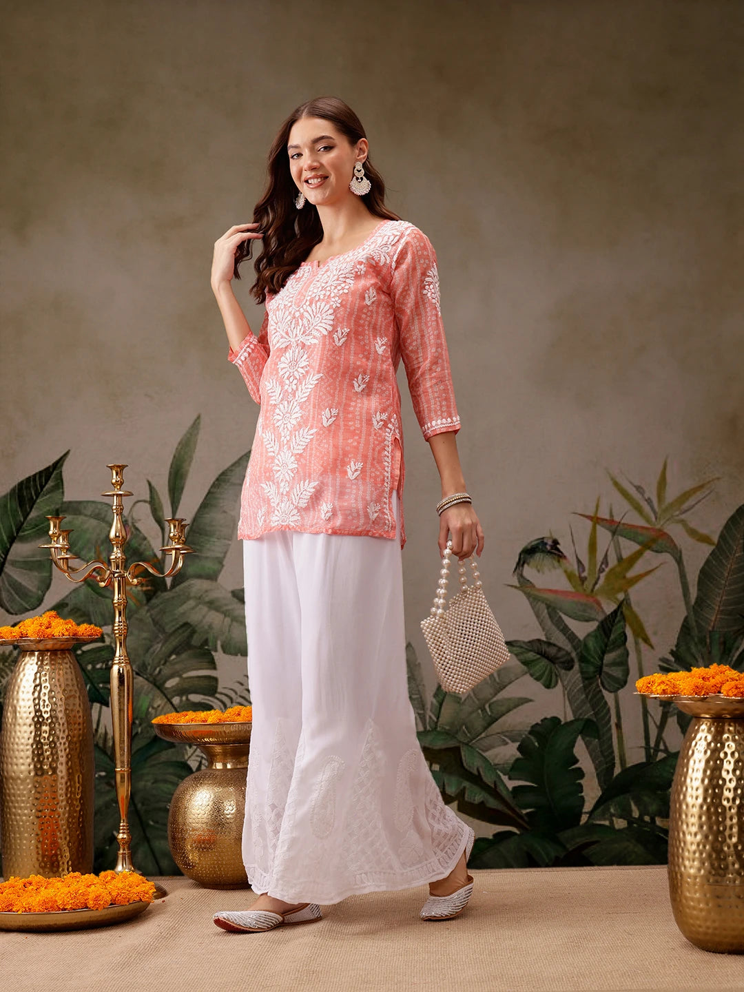 Ada Hand Embroidered Bandhani Printed Peach Kota Lucknowi Chikankari Short Kurti With Slip A911440