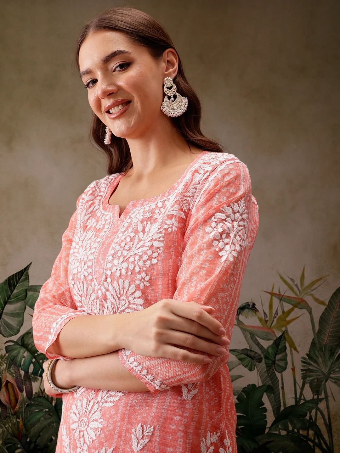 Ada Hand Embroidered Bandhani Printed Peach Kota Lucknowi Chikankari Short Kurti With Slip A911440