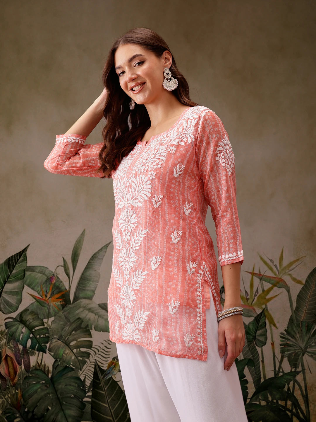 Ada Hand Embroidered Bandhani Printed Peach Kota Lucknowi Chikankari Short Kurti With Slip A911440