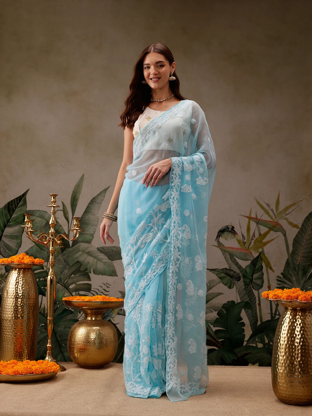 Ada Hand Embroidered Blue Georgette Lucknowi Chikankari Saree with Blouse A130075