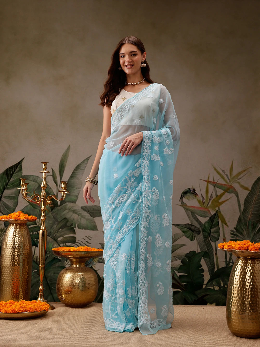 Ada Hand Embroidered Blue Georgette Lucknowi Chikankari Saree with Blouse A130075