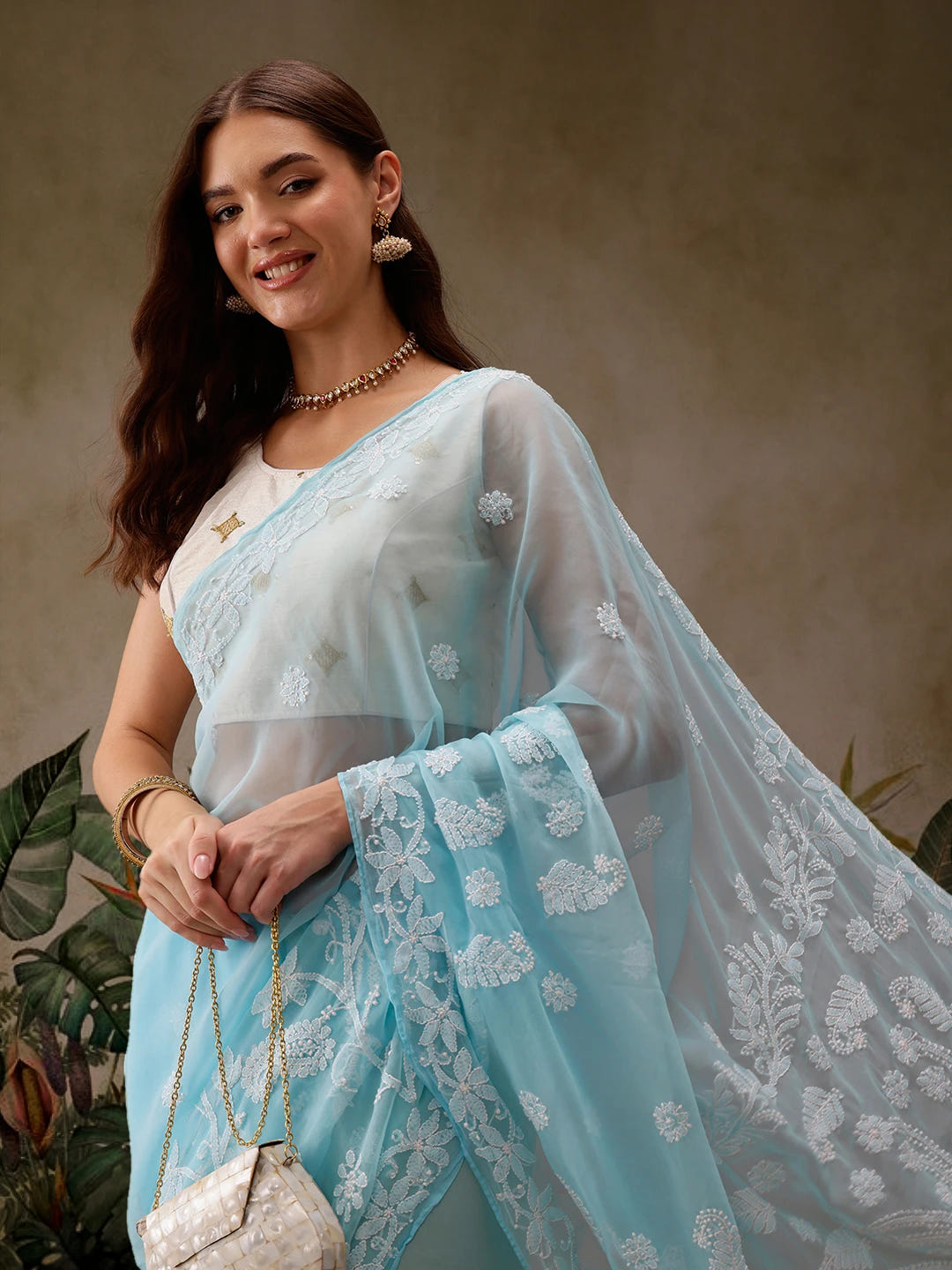 Ada Hand Embroidered Blue Georgette Lucknowi Chikankari Saree with Blouse A130075