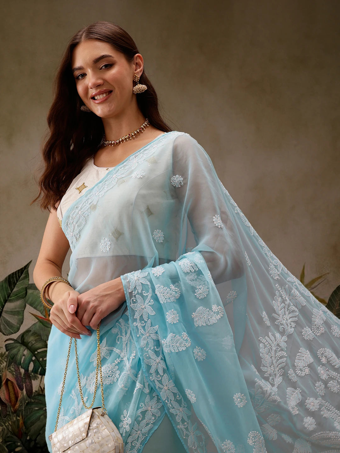Ada Hand Embroidered Blue Georgette Lucknowi Chikankari Saree with Blouse A130075