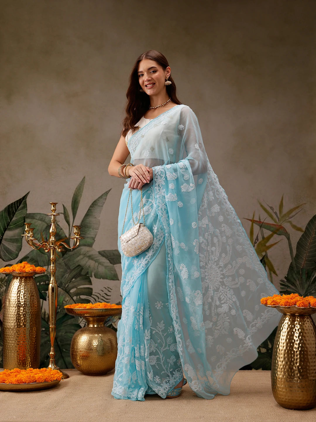 Ada Hand Embroidered Blue Georgette Lucknowi Chikankari Saree with Blouse A130075
