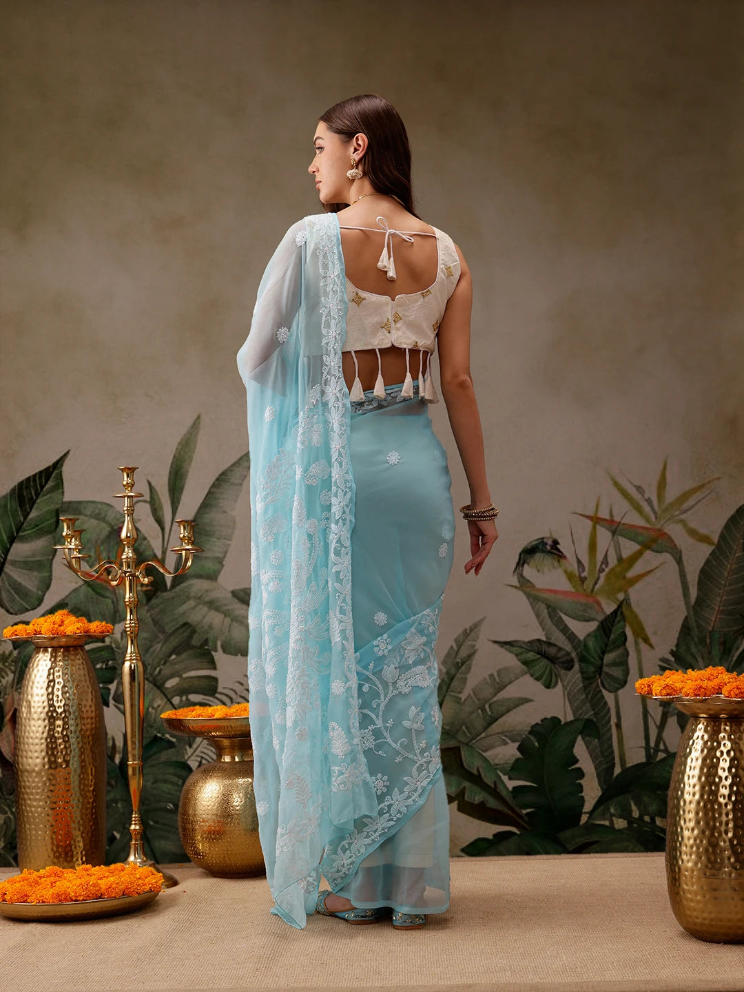 Ada Hand Embroidered Blue Georgette Lucknowi Chikankari Saree with Blouse A130075