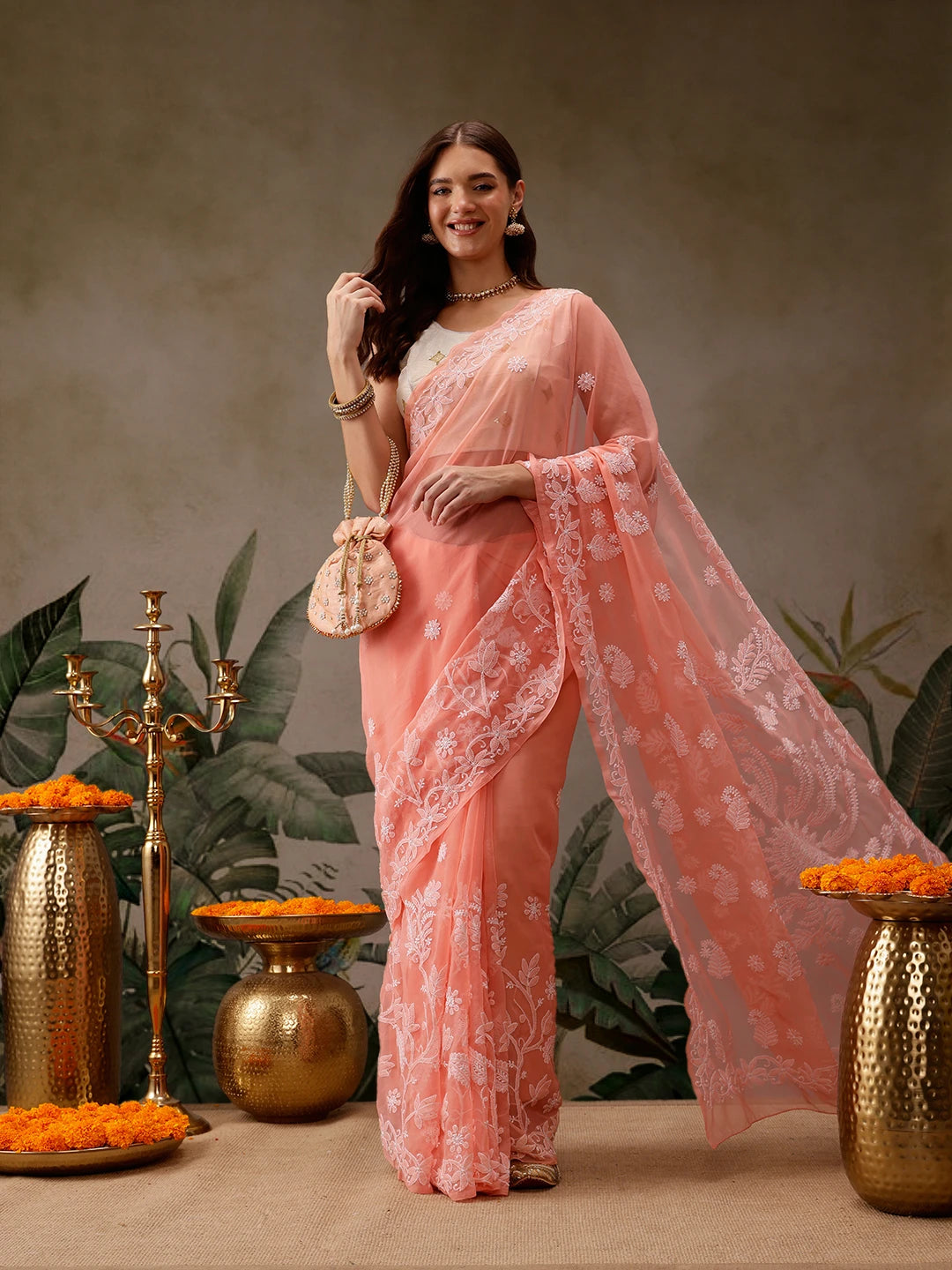 Ada Hand Embroidered Peach Georgette Lucknowi Chikankari Saree With Blouse A130092