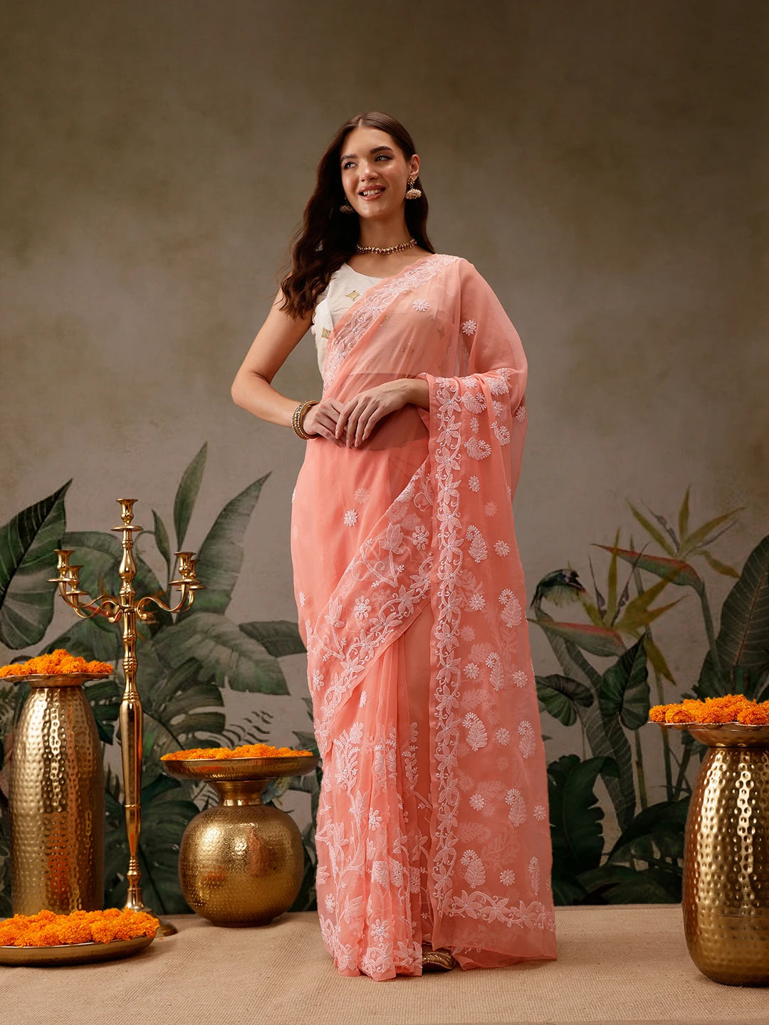 Ada Hand Embroidered Peach Georgette Lucknowi Chikankari Saree With Blouse A130092