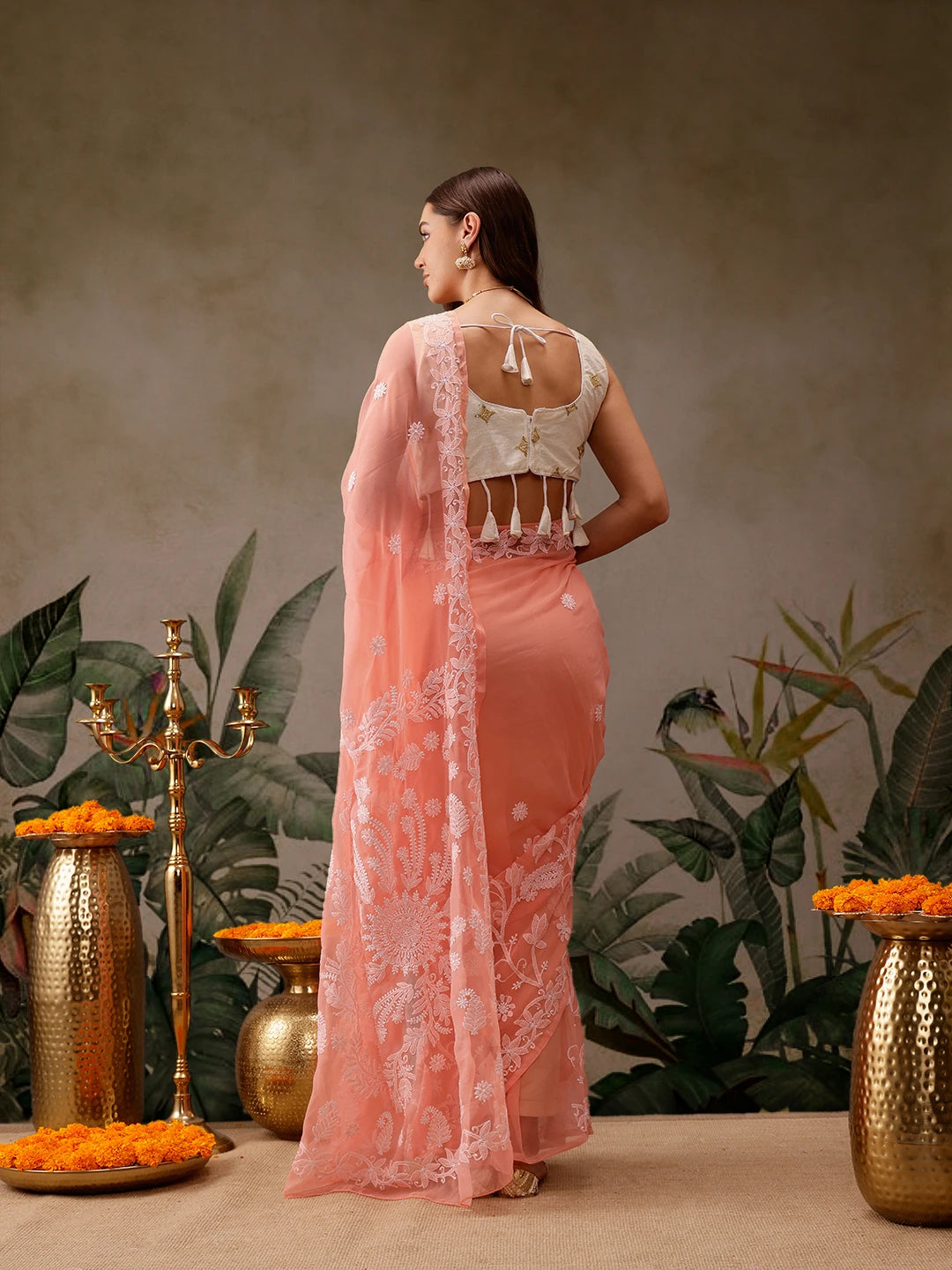Ada Hand Embroidered Peach Georgette Lucknowi Chikankari Saree With Blouse A130092