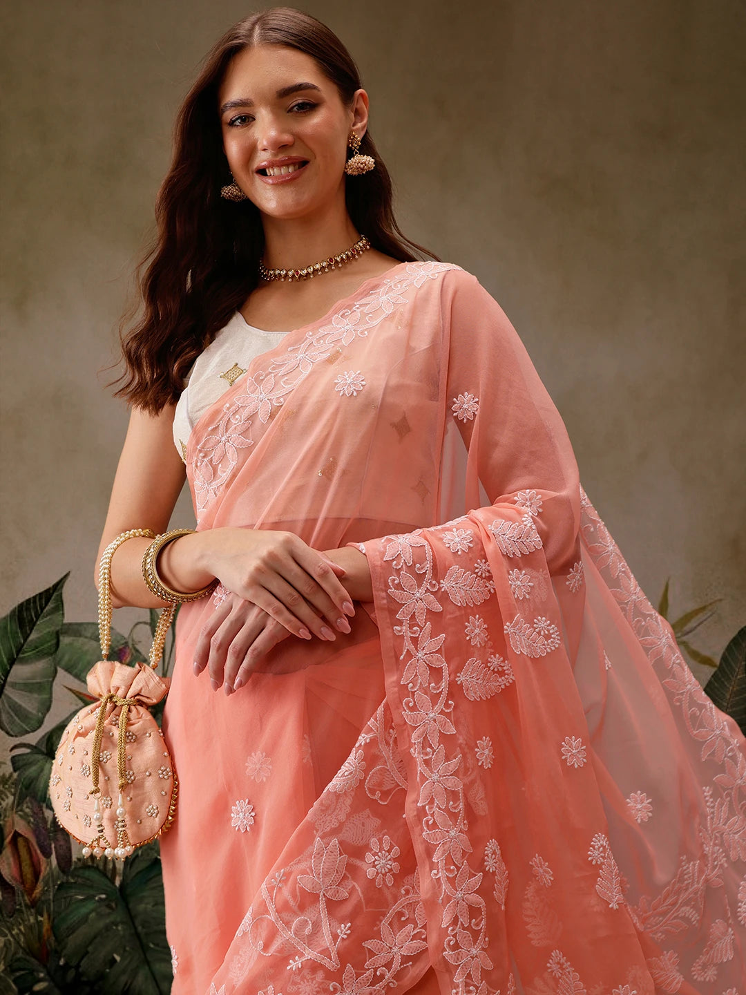 Ada Hand Embroidered Peach Georgette Lucknowi Chikankari Saree With Blouse A130092