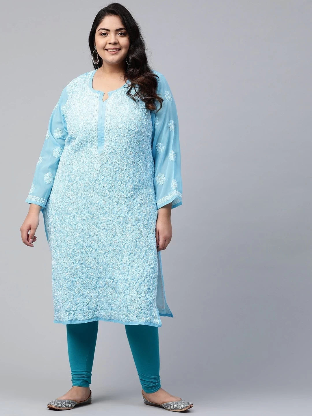 Ada Hand Embroidered Blue Georgette Lucknowi Chikankari straight Kurta A100373