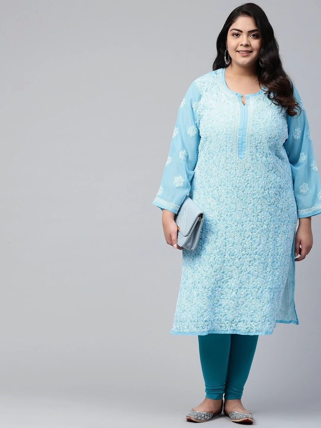 Ada Hand Embroidered Blue Georgette Lucknowi Chikankari straight Kurta A100373
