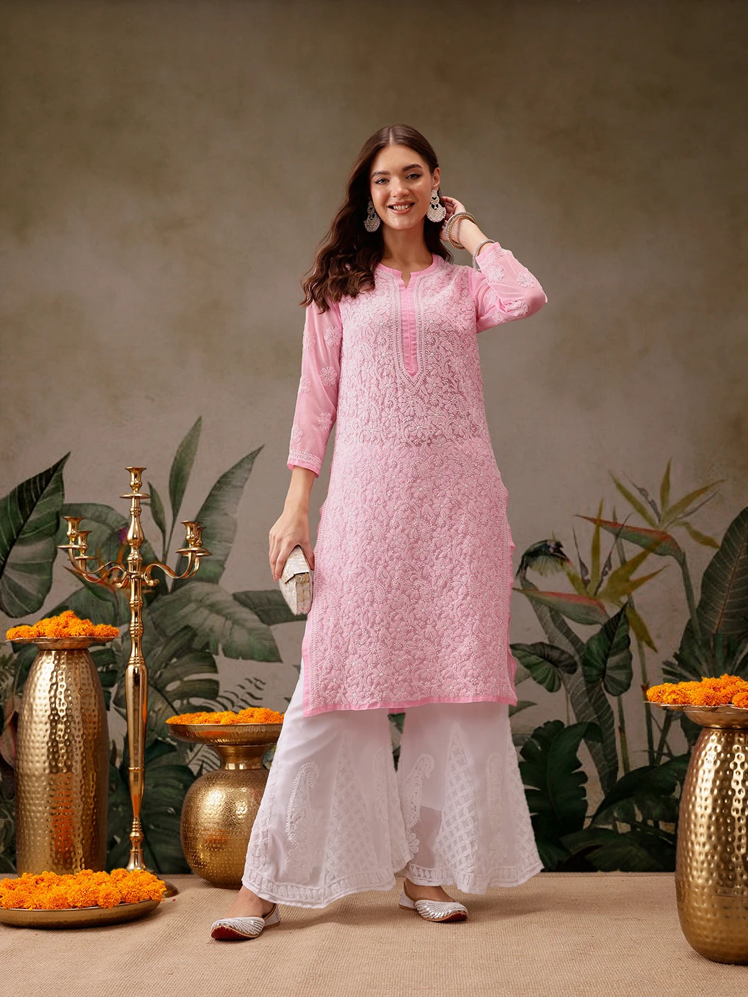 Ada Hand Embroidered Baby Pink Gerogette Lucknowi Chikankari Straight Kurta A95581