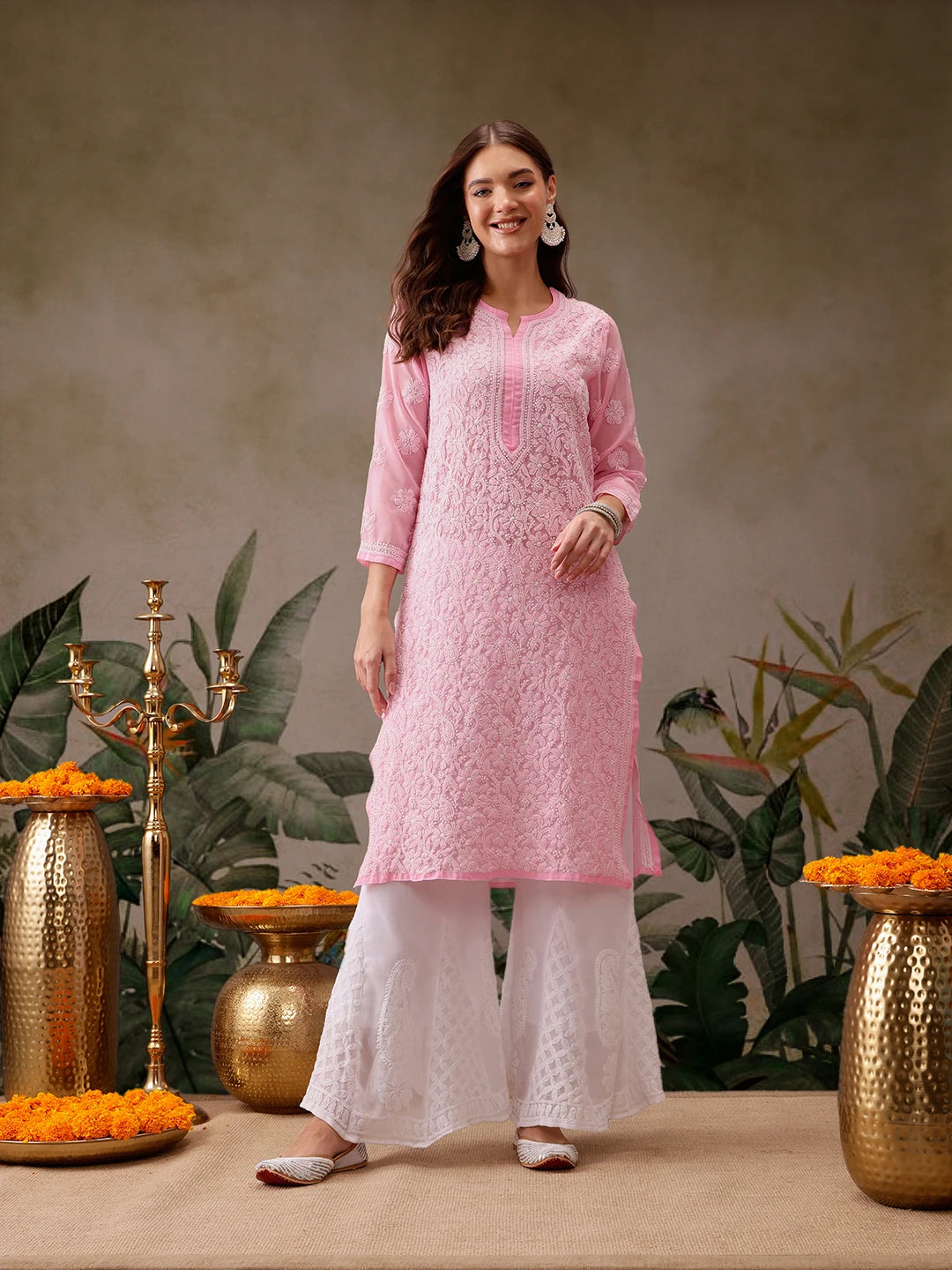 Ada Hand Embroidered Baby Pink Gerogette Lucknowi Chikankari Straight Kurta A95581