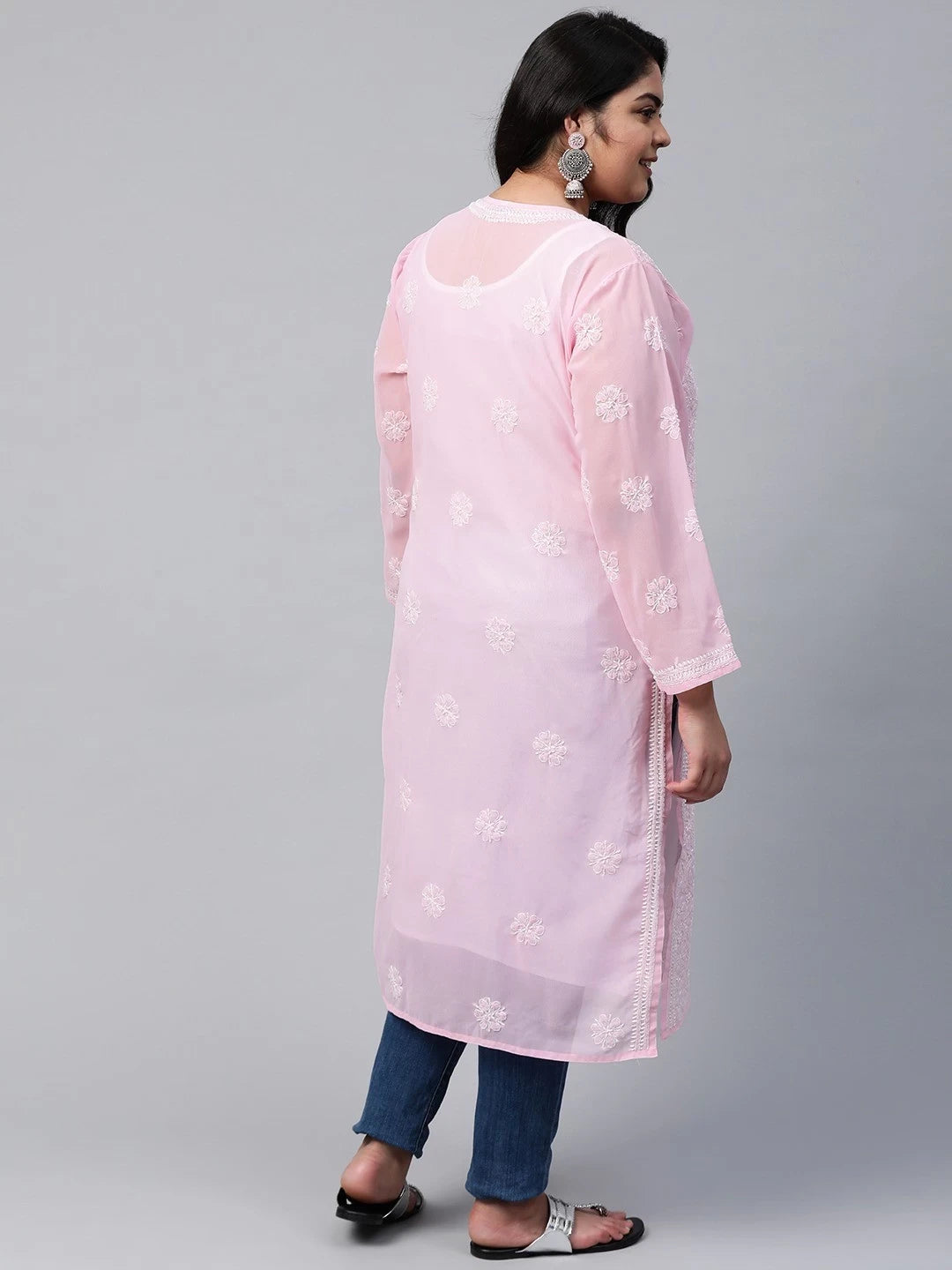 Ada Hand Embroidered Baby Pink Gerogette Lucknowi Chikankari Straight Kurta A95581