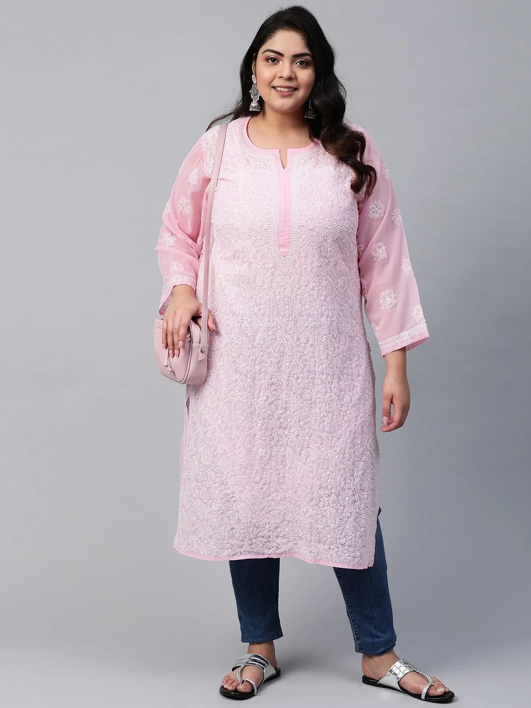 Ada Hand Embroidered Baby Pink Gerogette Lucknowi Chikankari Straight Kurta A95581