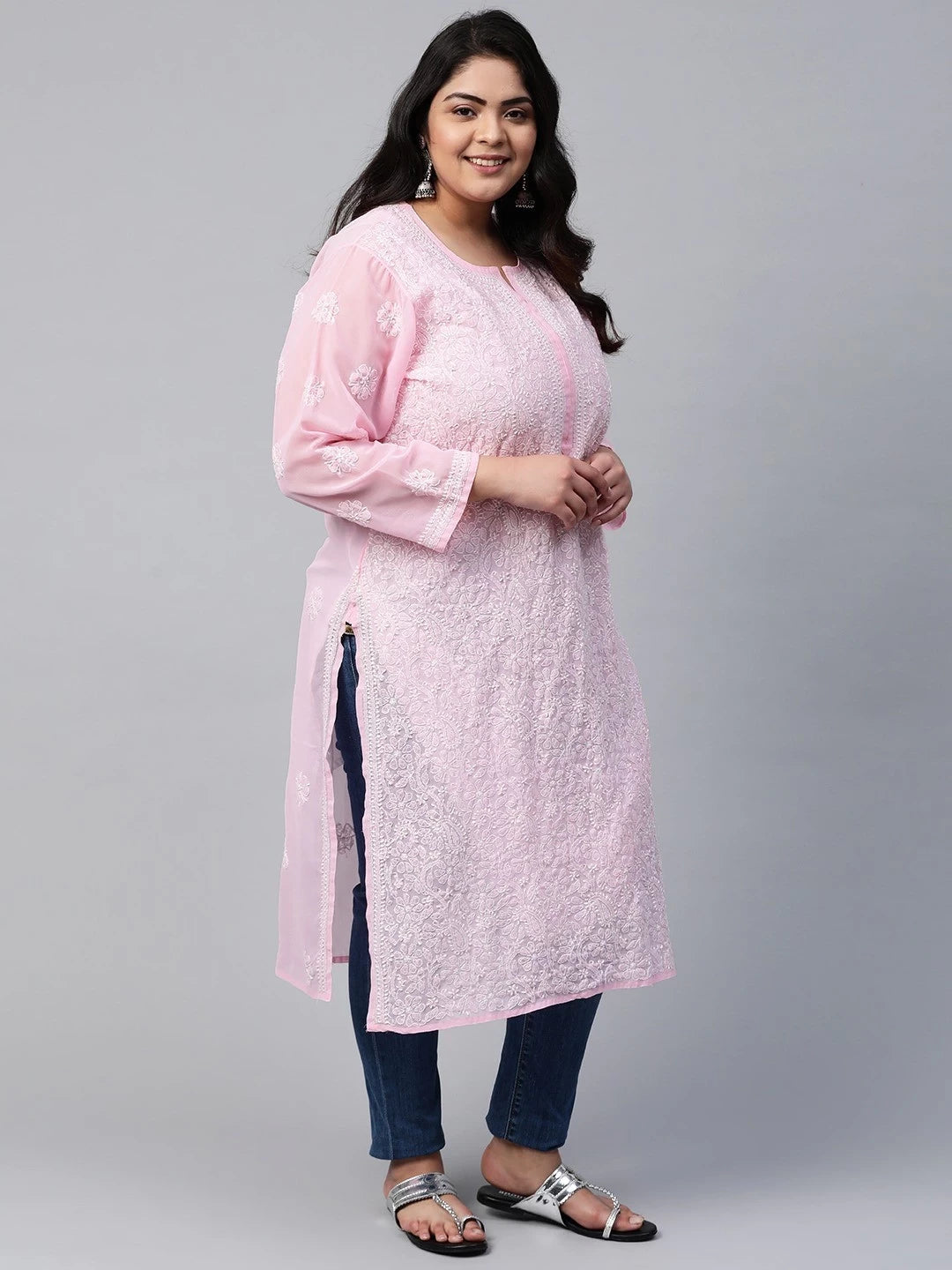 Ada Hand Embroidered Baby Pink Gerogette Lucknowi Chikankari Straight Kurta A95581
