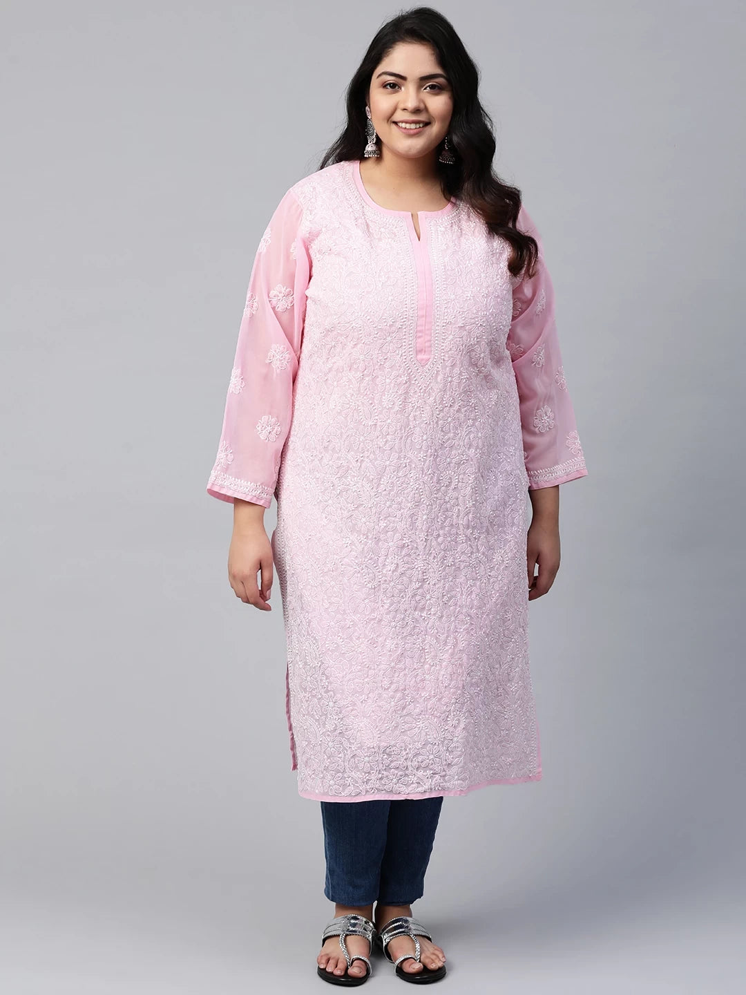 Ada Hand Embroidered Baby Pink Gerogette Lucknowi Chikankari Straight Kurta A95581