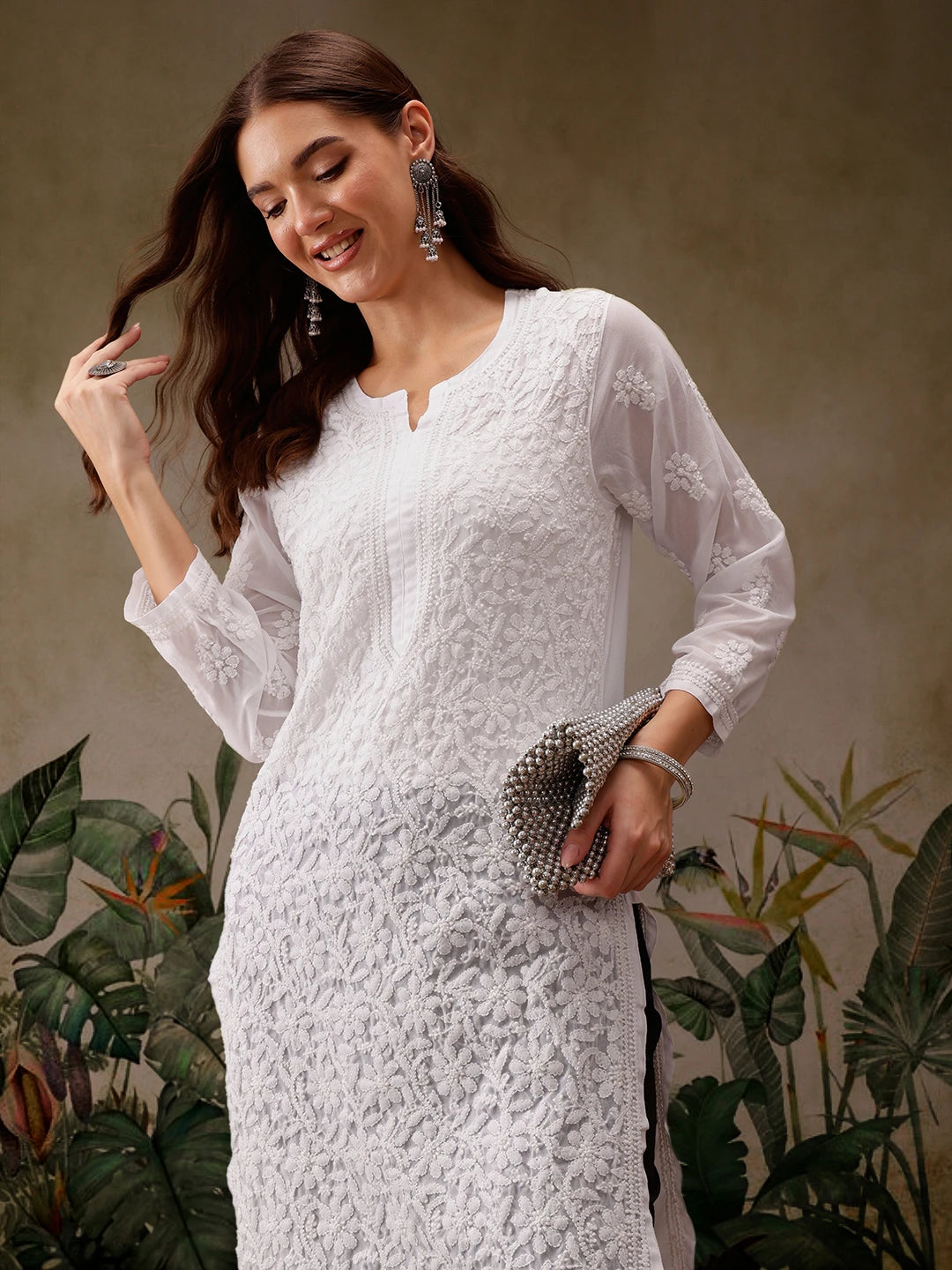 Ada Hand Embroidered White Georgette Lucknowi Chikankari Straight  Kurta A100289