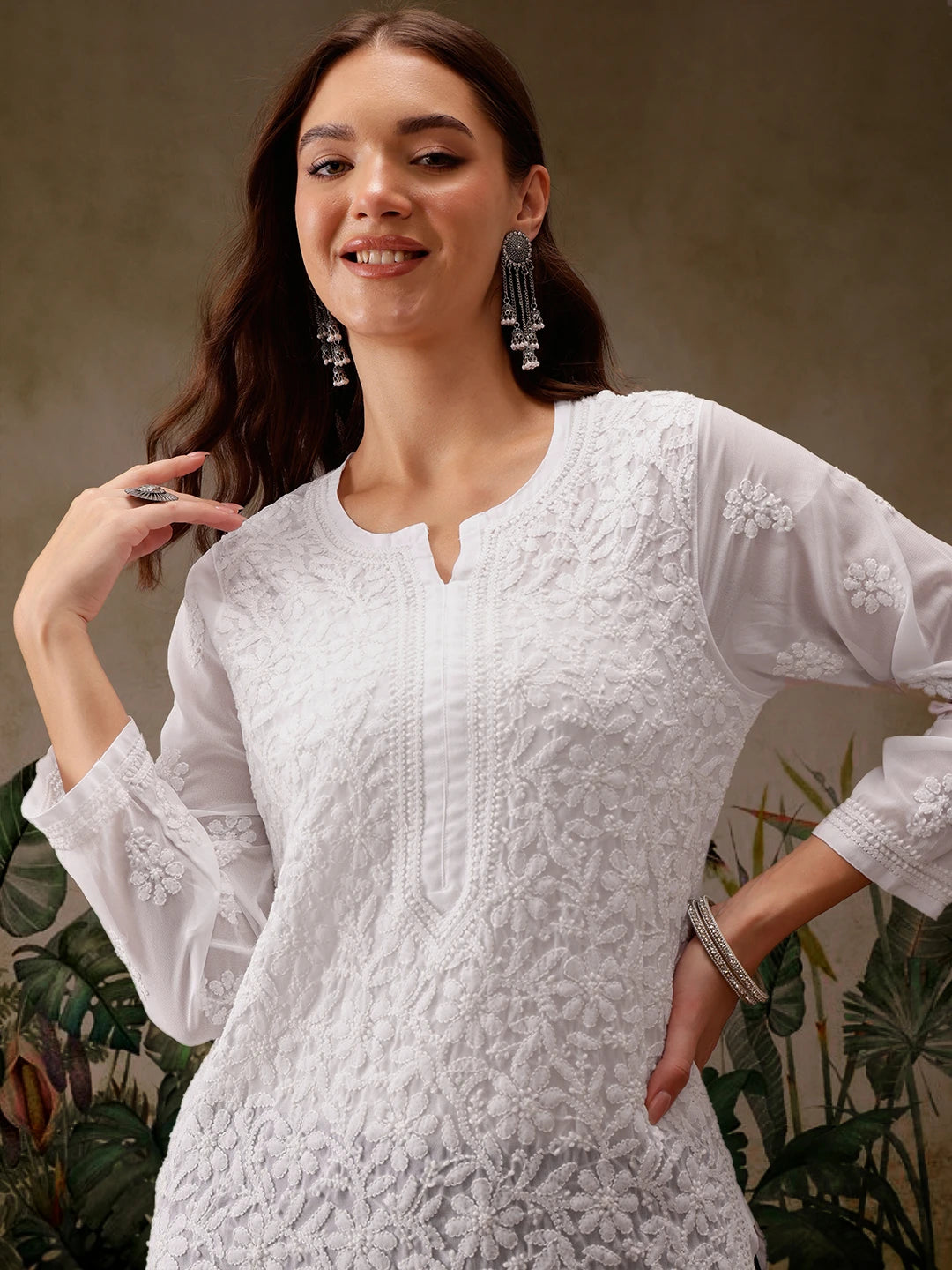 Ada Hand Embroidered White Georgette Lucknowi Chikankari Straight  Kurta A100289