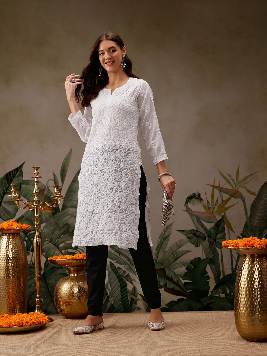 Ada Hand Embroidered White Georgette Lucknowi Chikankari Straight  Kurta A100289