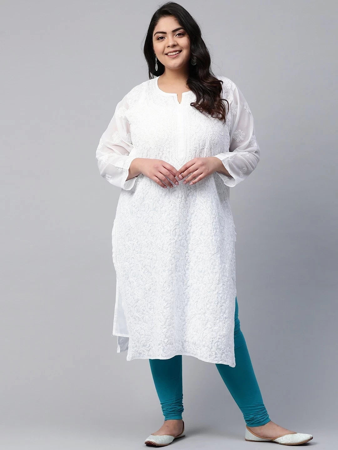 Ada Hand Embroidered White Georgette Lucknowi Chikankari Straight  Kurta A100289