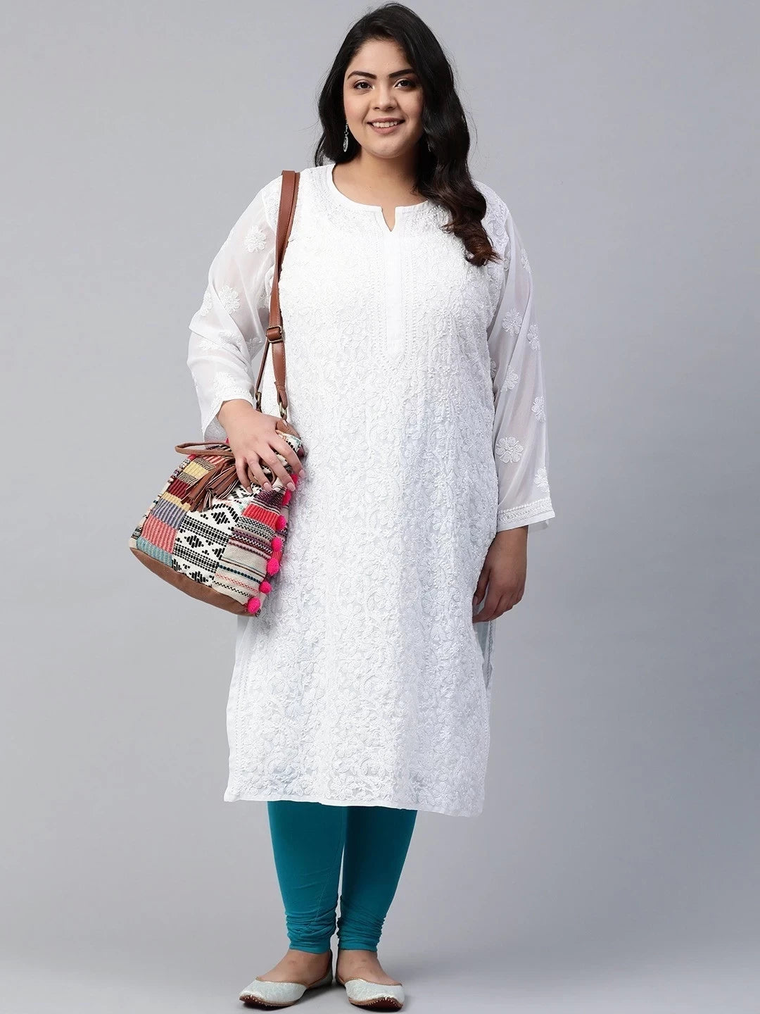 Ada Hand Embroidered White Georgette Lucknowi Chikankari Straight  Kurta A100289