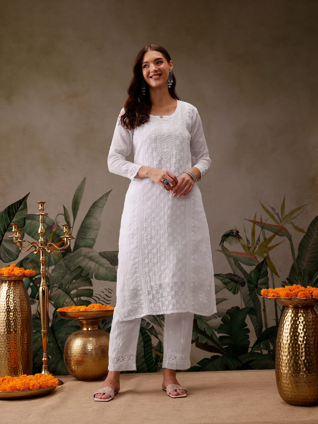 Ada Hand Embroidered White Kota Lucknowi Chikankari Kurta Set With Slip-A811221