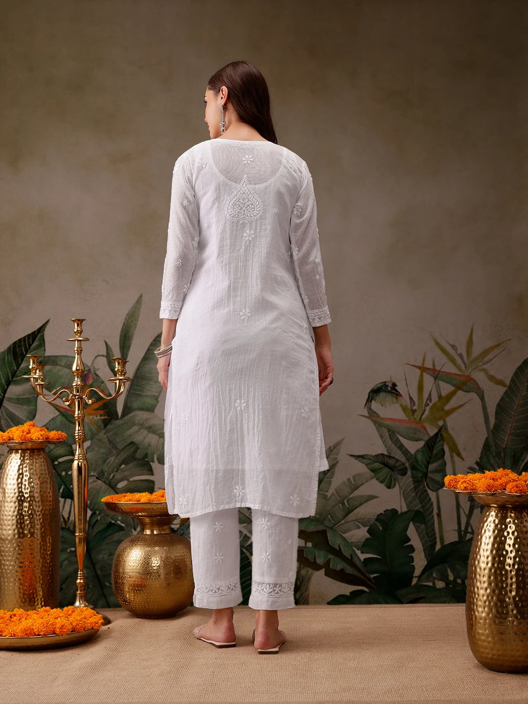 Ada Hand Embroidered White Kota Lucknowi Chikankari Kurta Set With Slip-A811221