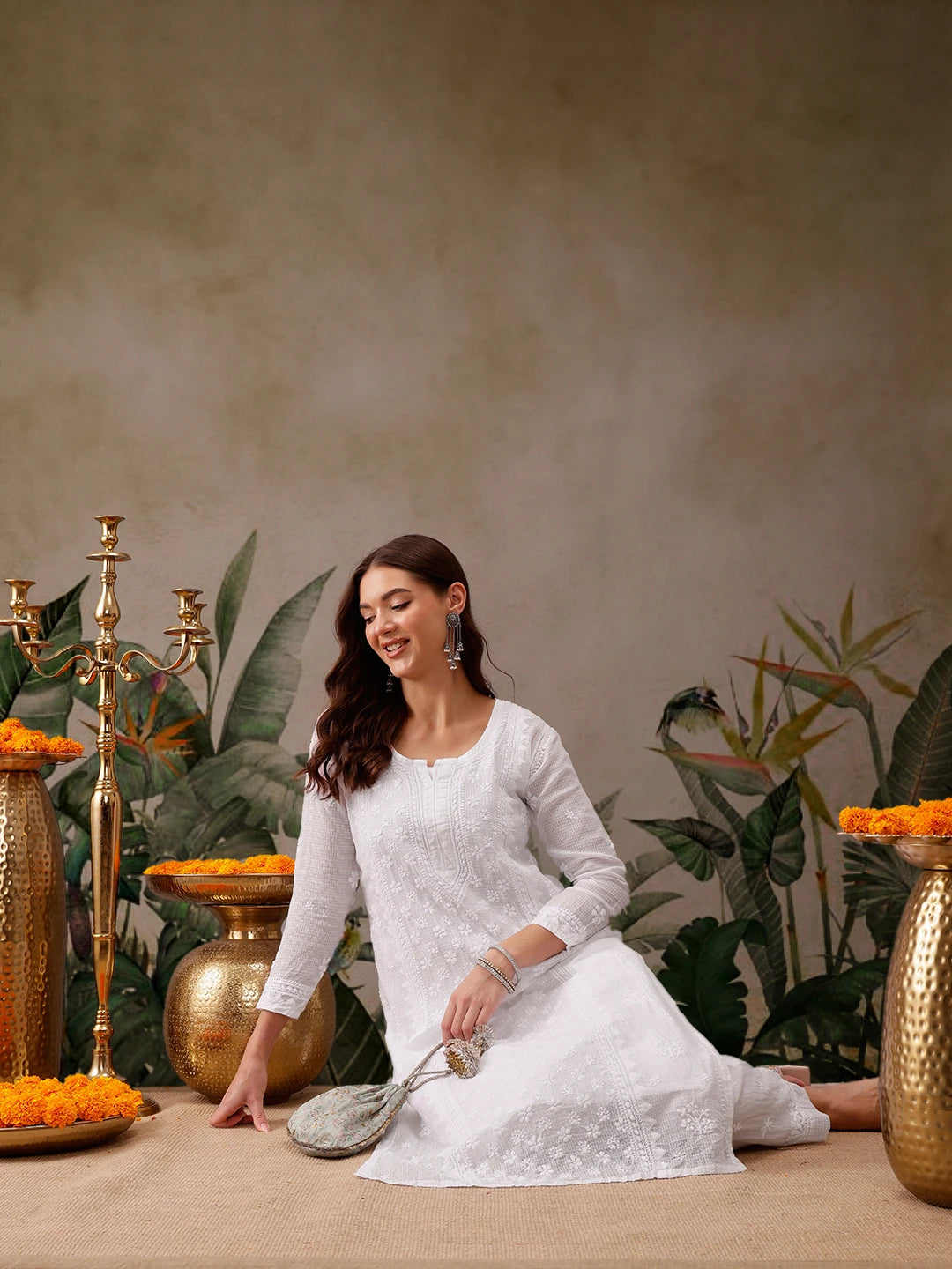 Ada Hand Embroidered White Kota Lucknowi Chikankari Straight Kurta With Slip A411117