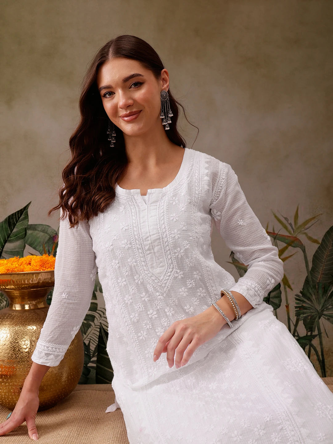 Ada Hand Embroidered White Kota Lucknowi Chikankari Straight Kurta With Slip A411117