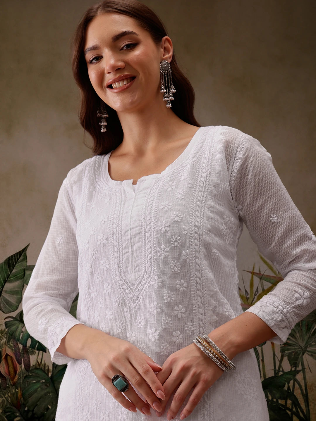 Ada Hand Embroidered White Kota Lucknowi Chikankari Straight Kurta With Slip A411117