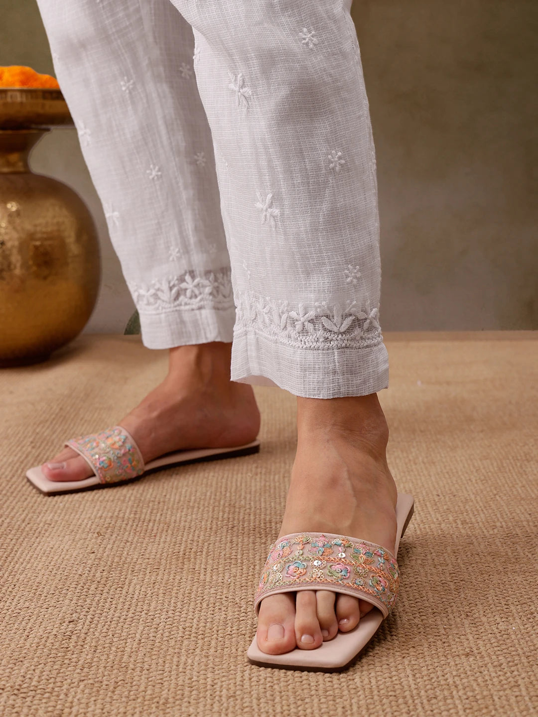 Ada Hand Embroidered White Kota Lucknowi Chikankari Kurta Set With Slip-A811221