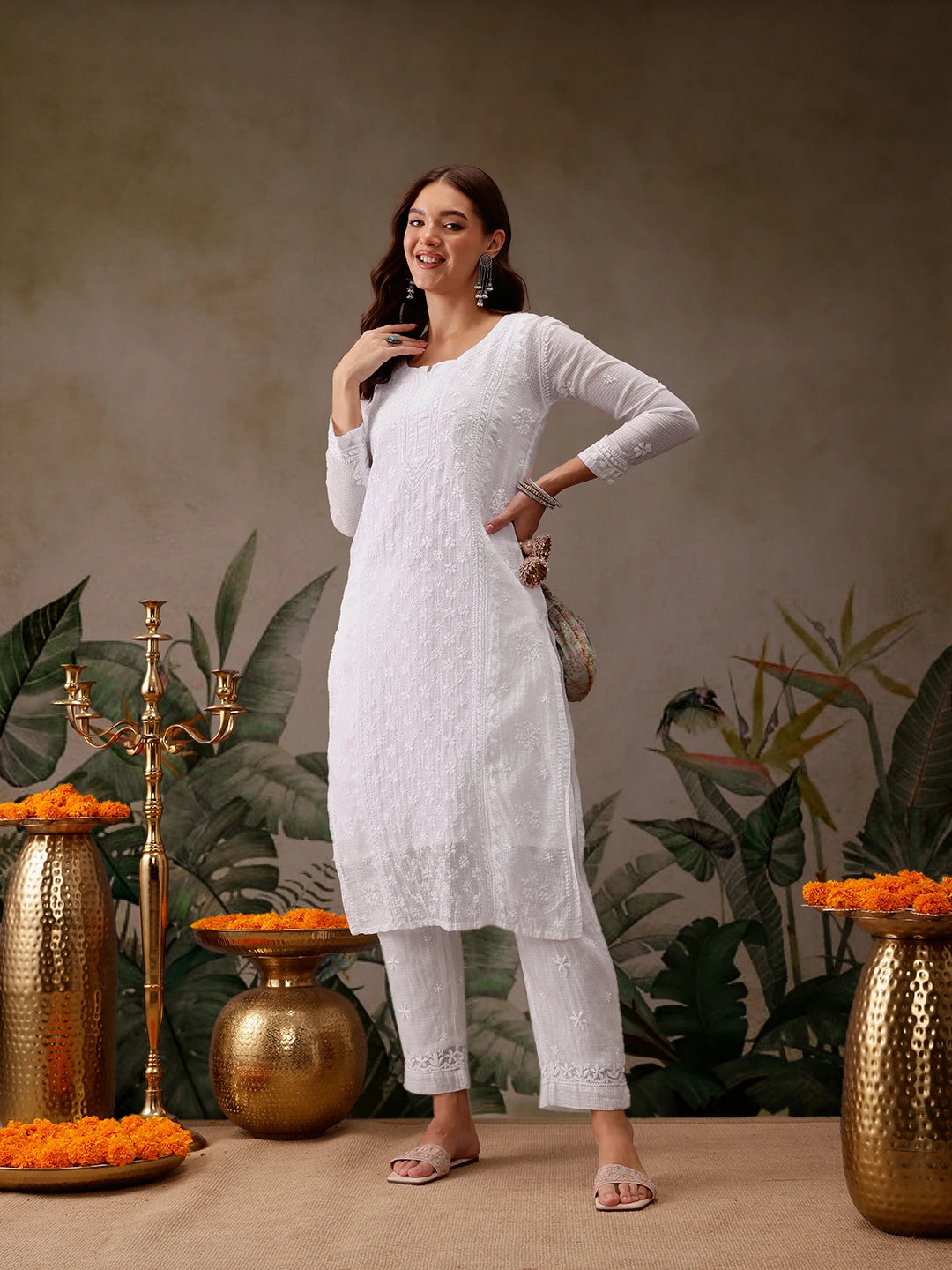 Ada Hand Embroidered White Kota Lucknowi Chikankari Kurta Set With Slip-A811221