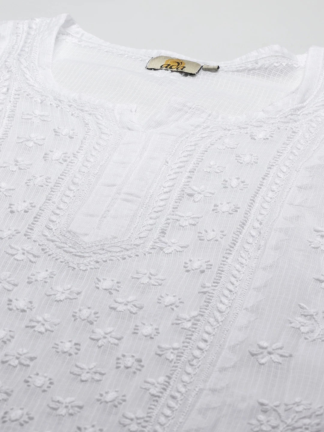 Ada Hand Embroidered White Kota Lucknowi Chikankari Kurta Set With Slip-A811221